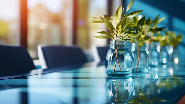 Modern minimalist corporate conference room with glass table in blue shades Generative AI