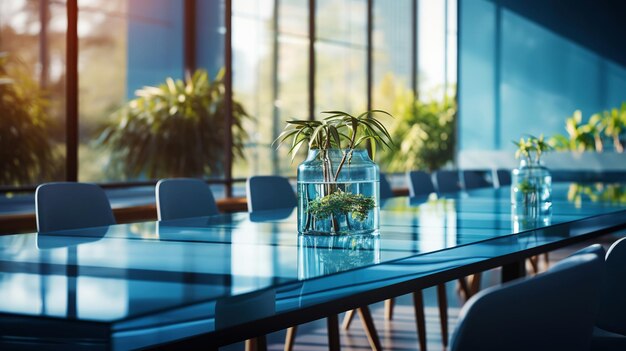 青い色合いのガラステーブルを備えたモダンなミニマルな企業会議室ジェネレーティブ AI