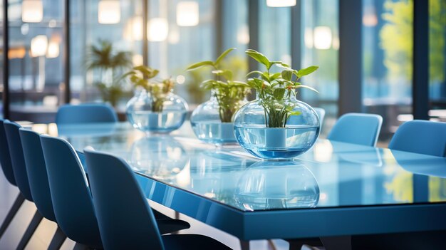 Modern minimalist corporate conference room with glass table in blue shades Generative AI