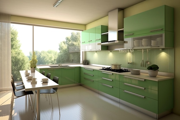 A modern and minimalist green kitchen interior design Generative Ai