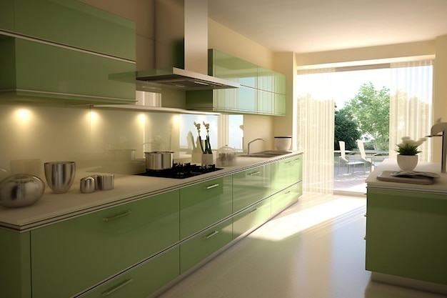 A modern and minimalist green kitchen interior design Generative Ai