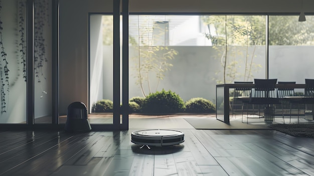 자동화 된 기술과 함께 현대적인 미니멀리즘 가정 인테리어 바닥에 로 진공청소기 집 청소 스타일리시 디자인 AI와 함께 넓고 밝은 주거 공간