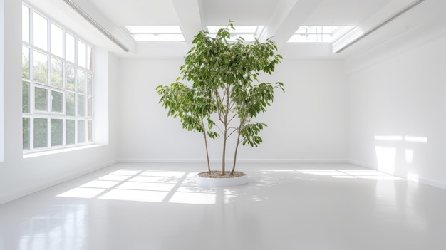 Modern Minimalist Home Interior with Green Plants and Natural Light Through Sparse Windows