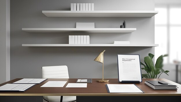 Photo modern minimalist home office desk with floating shelves