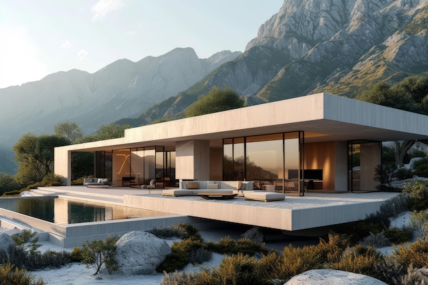 A modern minimalist house situated high in the mountains