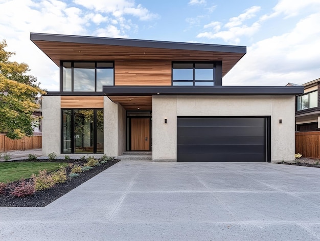 modern minimalist house with natural wood accents in a suburban neighborhood on a sunny day