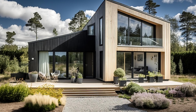 A modern minimalist house with terrace and stairs at sunny day