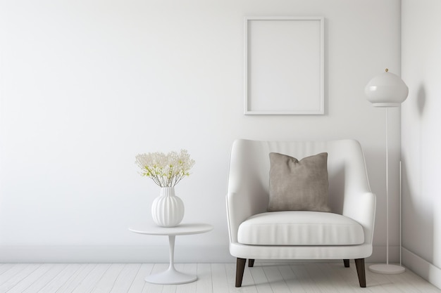 Фото modern minimalist interior features a luxurious lamp and frame next to a white armchair