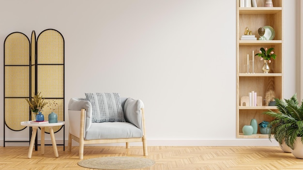 Modern and minimalist interior of living room interior with armchair on empty white wall background3D rendering