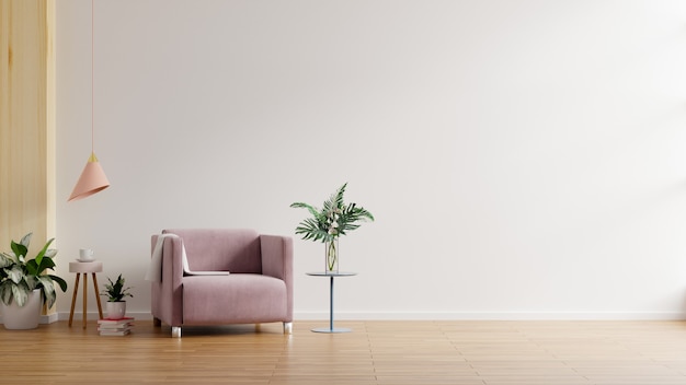 Современный минималистский интерьер с креслом на пустой белой стене. 3d визуализация