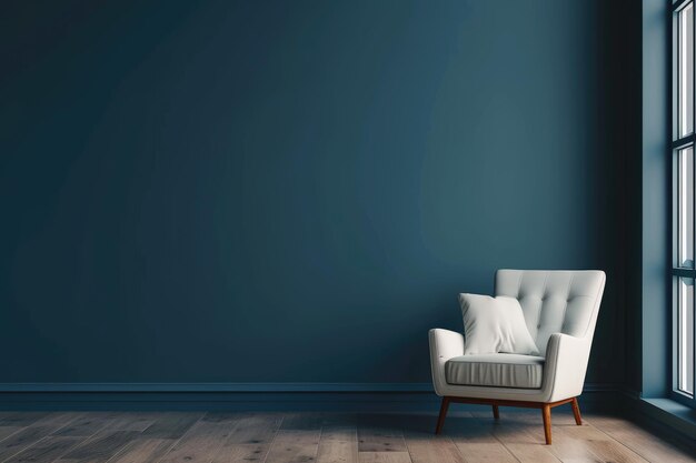 Modern minimalist interior with an armchair on empty dark blue color wall backgroun