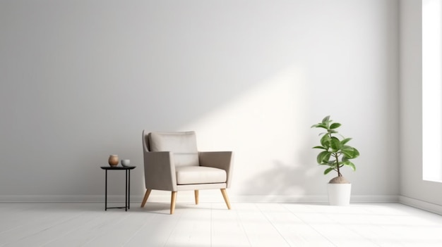 Современный минималистский интерьер с креслом на фоне пустой стены белого цвета Generative Ai