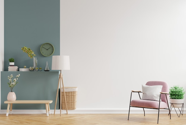 Modern minimalist interior with an armchair on empty white and dark green wall, 3D rendering