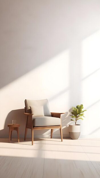 Modern minimalist interior with an armchair on empty white wall 3D rendering natural light