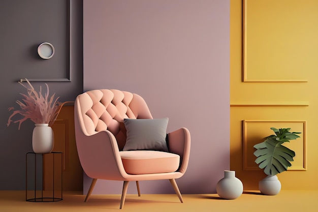 Modern minimalist interior with an armchair on empty white wall background Generative Ai