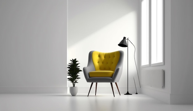 Modern minimalist interior with an armchair on empty white wall background Generative AI