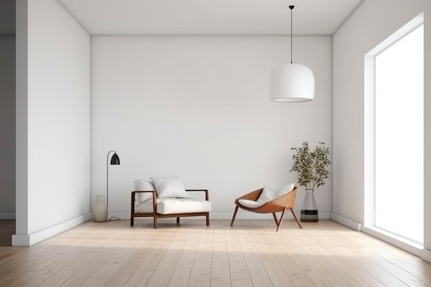 Foto interni moderni e minimalisti con un grande muro bianco vuoto creato con intelligenza artificiale generativa