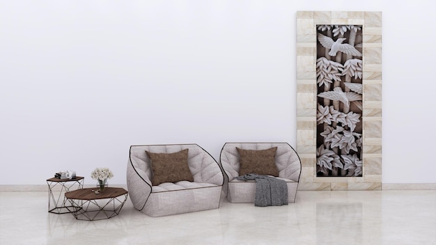 Modern minimalist interior with cream sova and stone carving on\
empty white color wall background