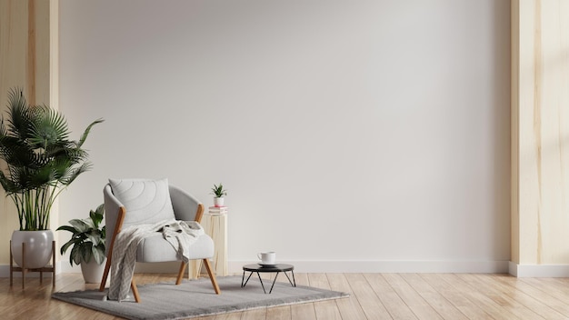 빈 흰색 벽 배경에 회색 안락의자가 있는 현대적인 미니멀리즘 인테리어