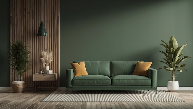 Modern minimalist interior with a green sofa on empty dark green wall