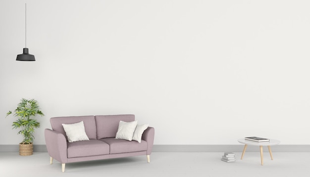 Modern minimalist interior with sofa on empty white wall background