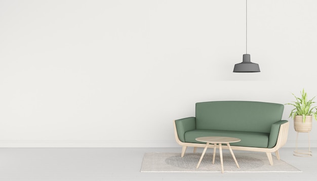 Modern minimalist interior with sofa on empty white wall background