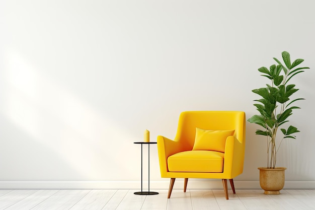 Современный минималистский интерьер с желтым креслом на фоне пустой стены белого цвета