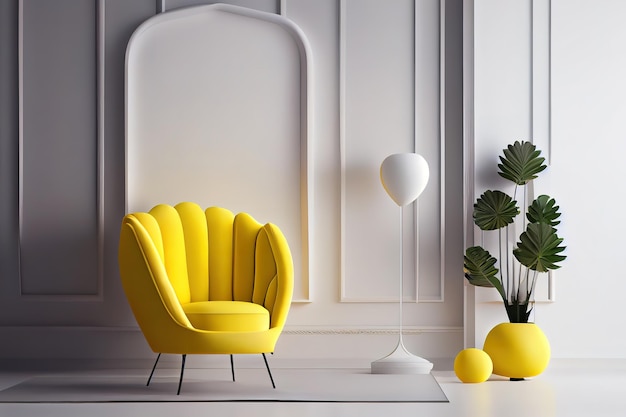 Modern minimalist interior with yellow armchair on empty white wall3d rendering Generative Ai