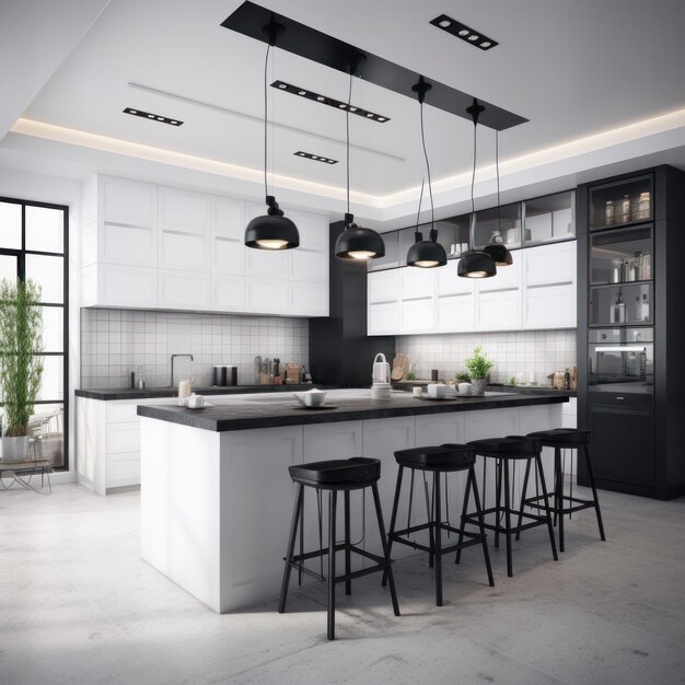 Modern minimalist kitchen in black and white with loftstyle elements spectacular lighting counter an