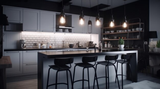 Modern minimalist kitchen in black and white with loftstyle elements spectacular lighting counter an