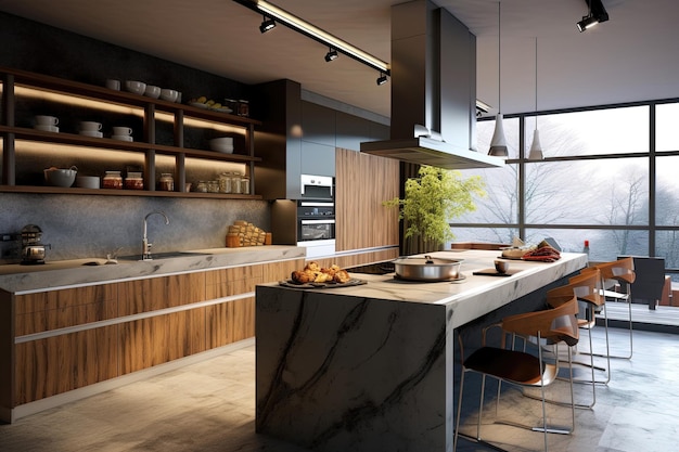 modern Minimalist Kitchen interior decorated with Marble Concrete Stainless steel Oak material