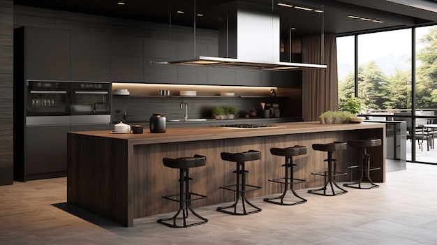 Modern minimalist kitchen with long island with stools Dark materials Generate AI