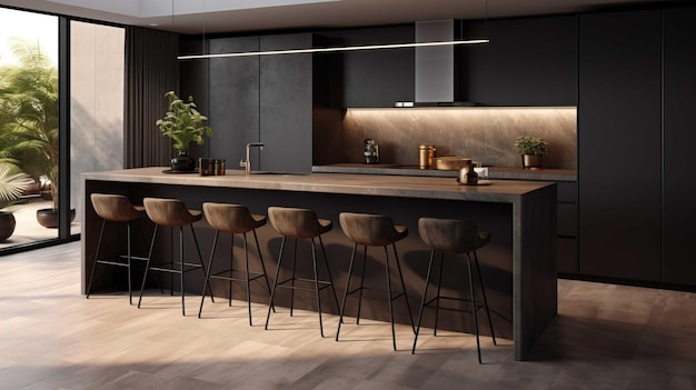 Modern minimalist kitchen with long island with stools Dark materials Generate AI