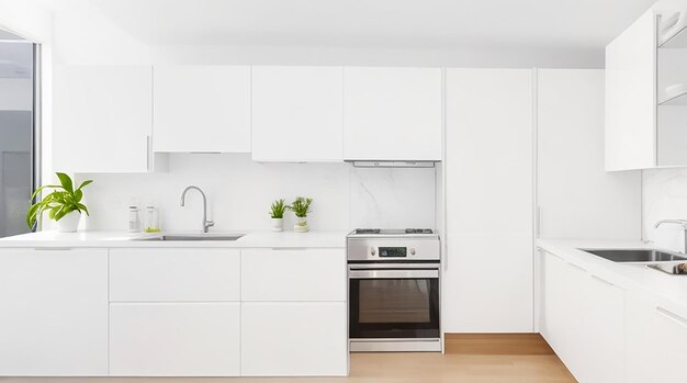 A modern minimalist kitchen with sleek stainless steel appliances and a bright white countertop