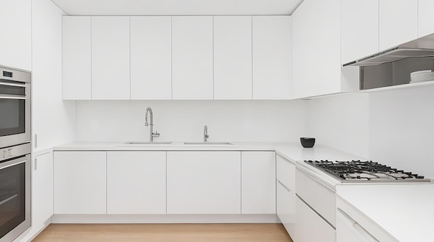 A modern minimalist kitchen with sleek stainless steel appliances and a bright white countertop