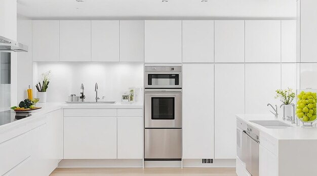 세련된 스테인리스 스틸 가전제품과 밝은 흰색 조리대를 갖춘 현대적이고 미니멀한 주방