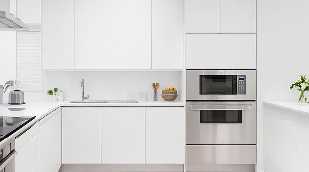 A modern minimalist kitchen with sleek stainless steel appliances and a bright white countertop