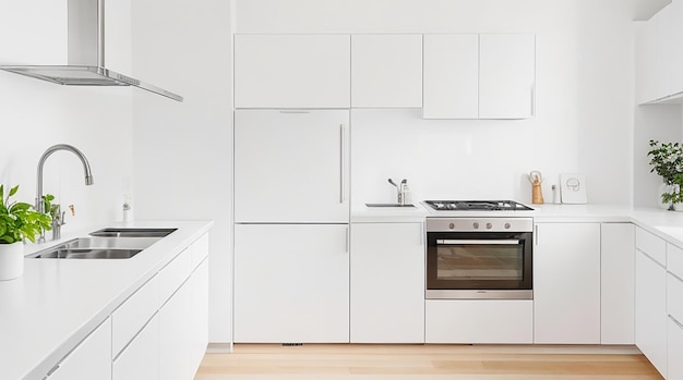 A modern minimalist kitchen with sleek stainless steel appliances and a bright white countertop