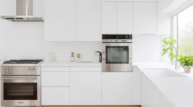 Современная минималистичная кухня с гладкой бытовой техникой из нержавеющей стали и ярко-белой столешницей.