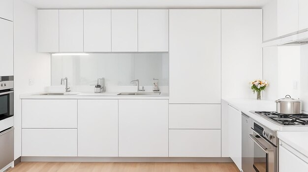 A modern minimalist kitchen with sleek stainless steel appliances and a bright white countertop