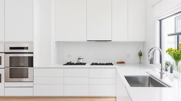 A modern minimalist kitchen with sleek stainless steel appliances and a bright white countertop