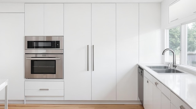 A modern minimalist kitchen with sleek stainless steel appliances and a bright white countertop