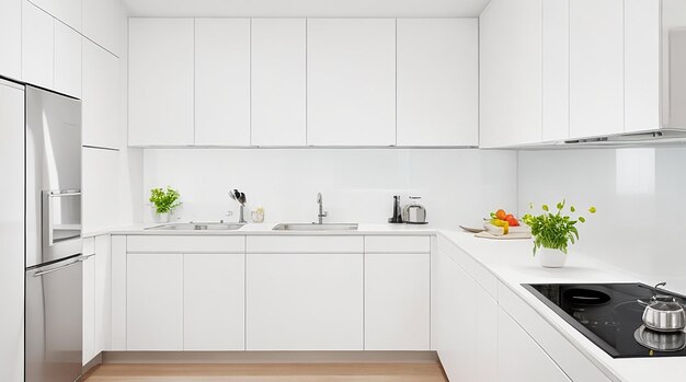 A modern minimalist kitchen with sleek stainless steel appliances and a bright white countertop