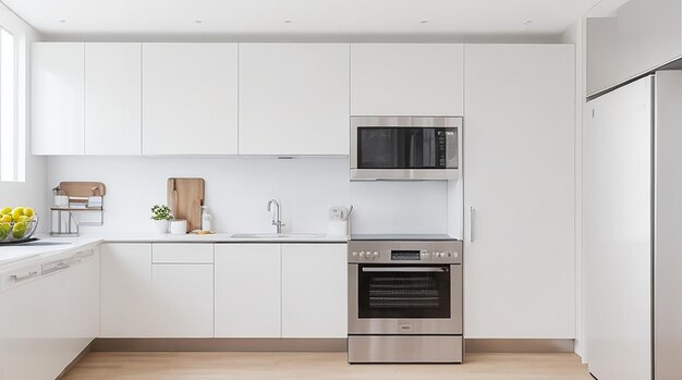 A modern minimalist kitchen with sleek stainless steel appliances and a bright white countertop