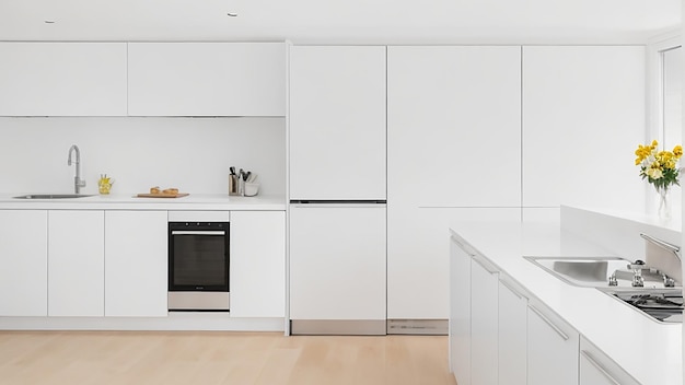 A modern minimalist kitchen with sleek stainless steel appliances and a bright white countertop