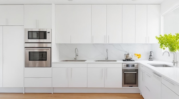 A modern minimalist kitchen with sleek stainless steel appliances and a bright white countertop