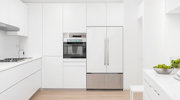 A modern minimalist kitchen with sleek stainless steel appliances and a bright white countertop