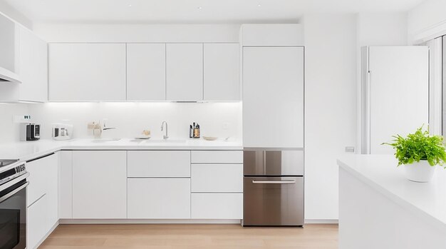 A modern minimalist kitchen with sleek stainless steel appliances and a bright white countertop