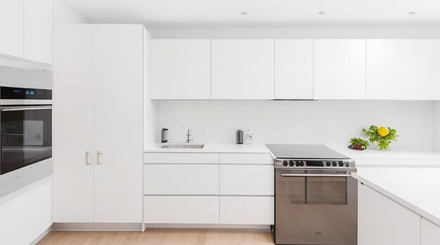 A modern minimalist kitchen with sleek stainless steel appliances and a bright white countertop