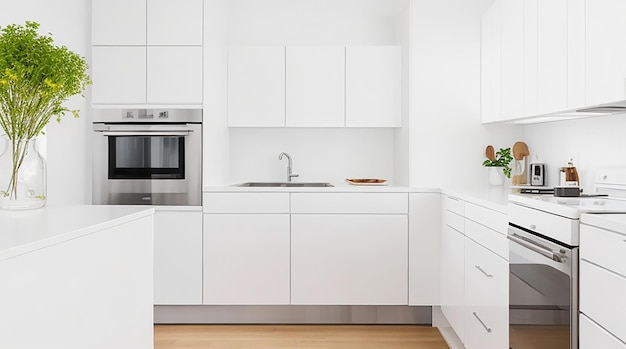 A modern minimalist kitchen with sleek stainless steel appliances and a bright white countertop